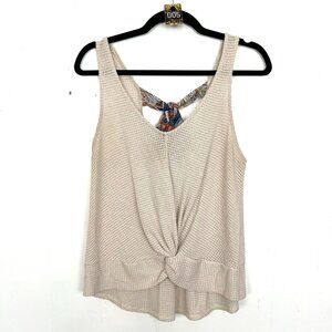 Twist-Front Knit Tank Top in Light Beige with Patterned Back Tie
